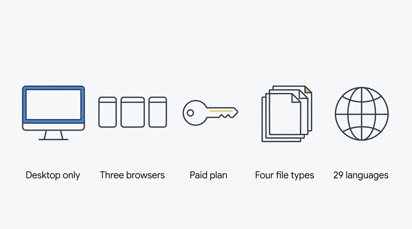 Pictogram row showing desktop-only access, three supported browsers, a paid plan, four file types and 29 languages