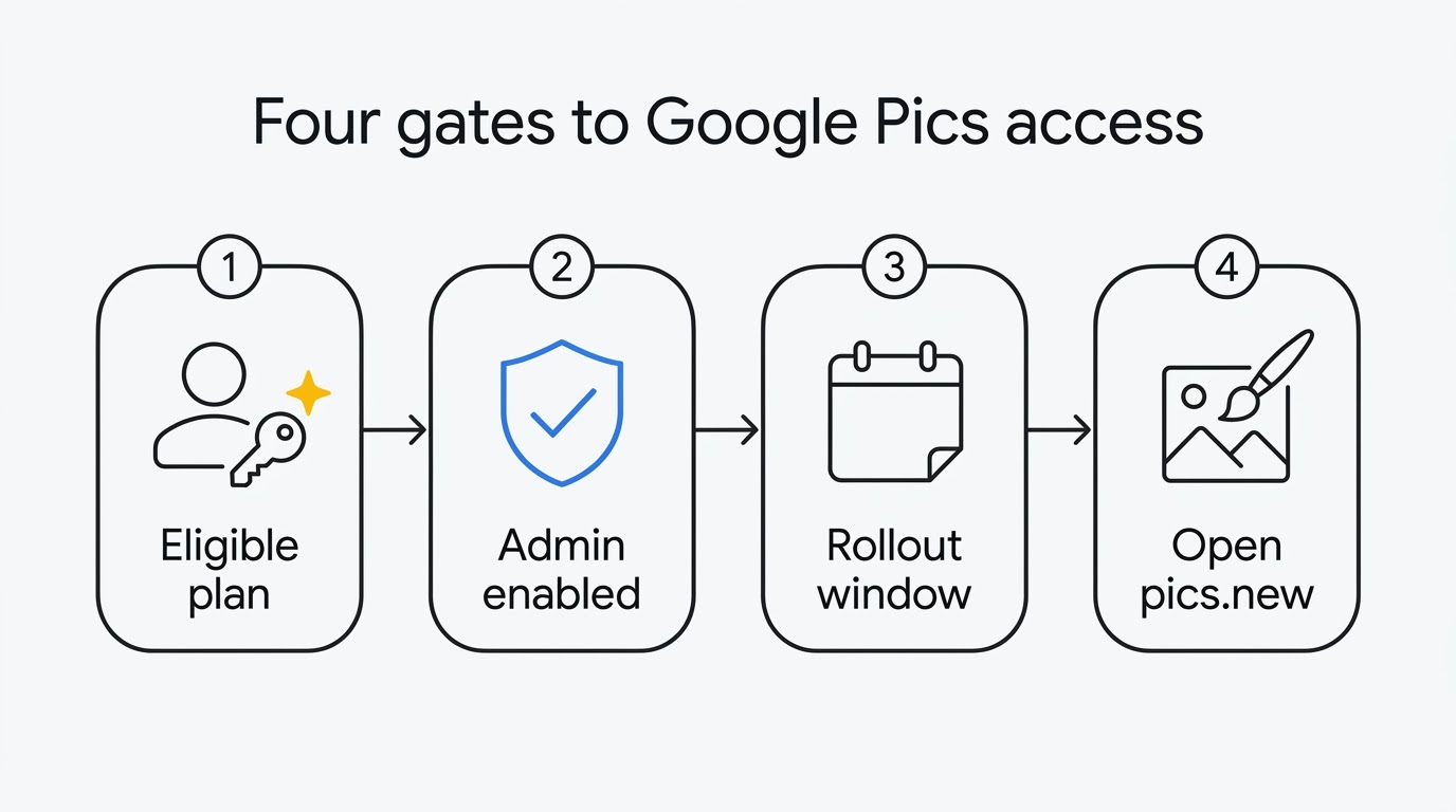 Four-step flow: eligible plan, admin enabled, rollout window, open pics.new