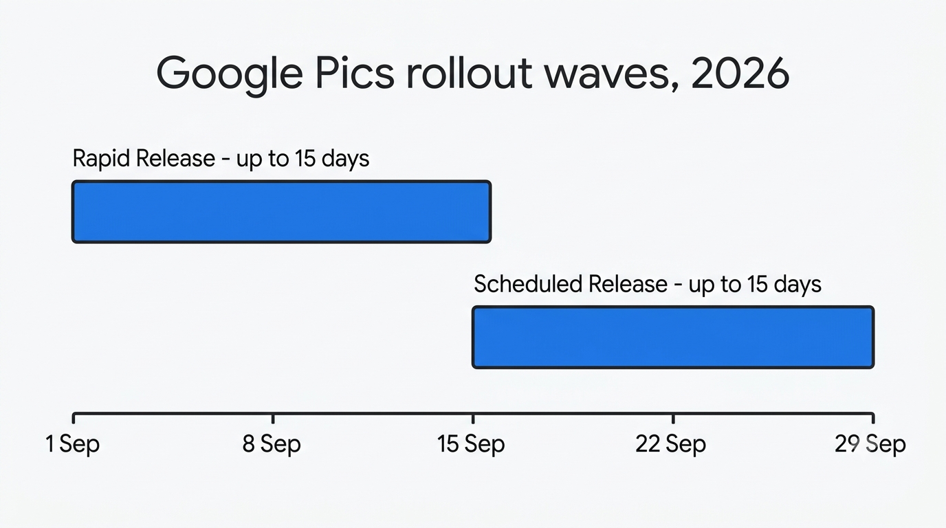 Timeline of the two Google Pics rollout waves in September 2026, each fifteen days long
