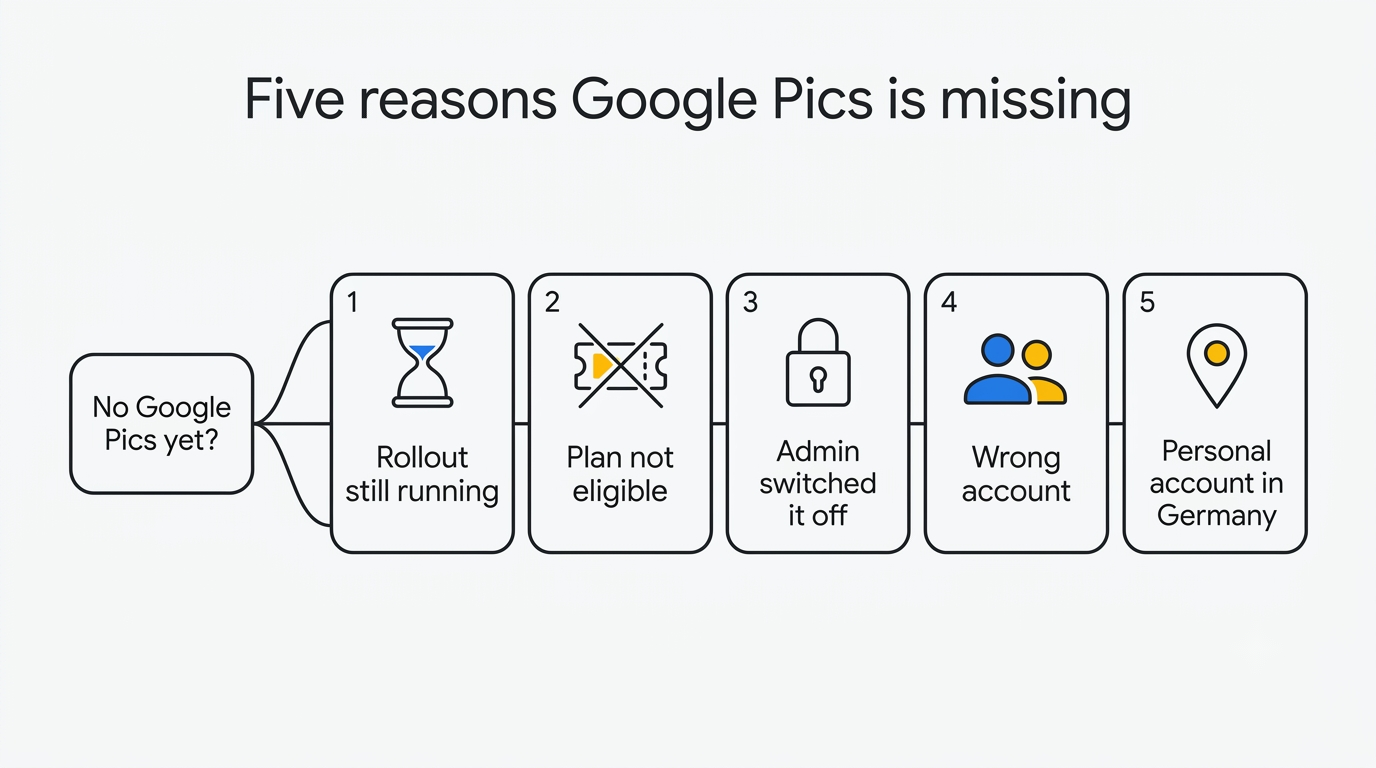 Decision tree of the five reasons Google Pics is missing from an account