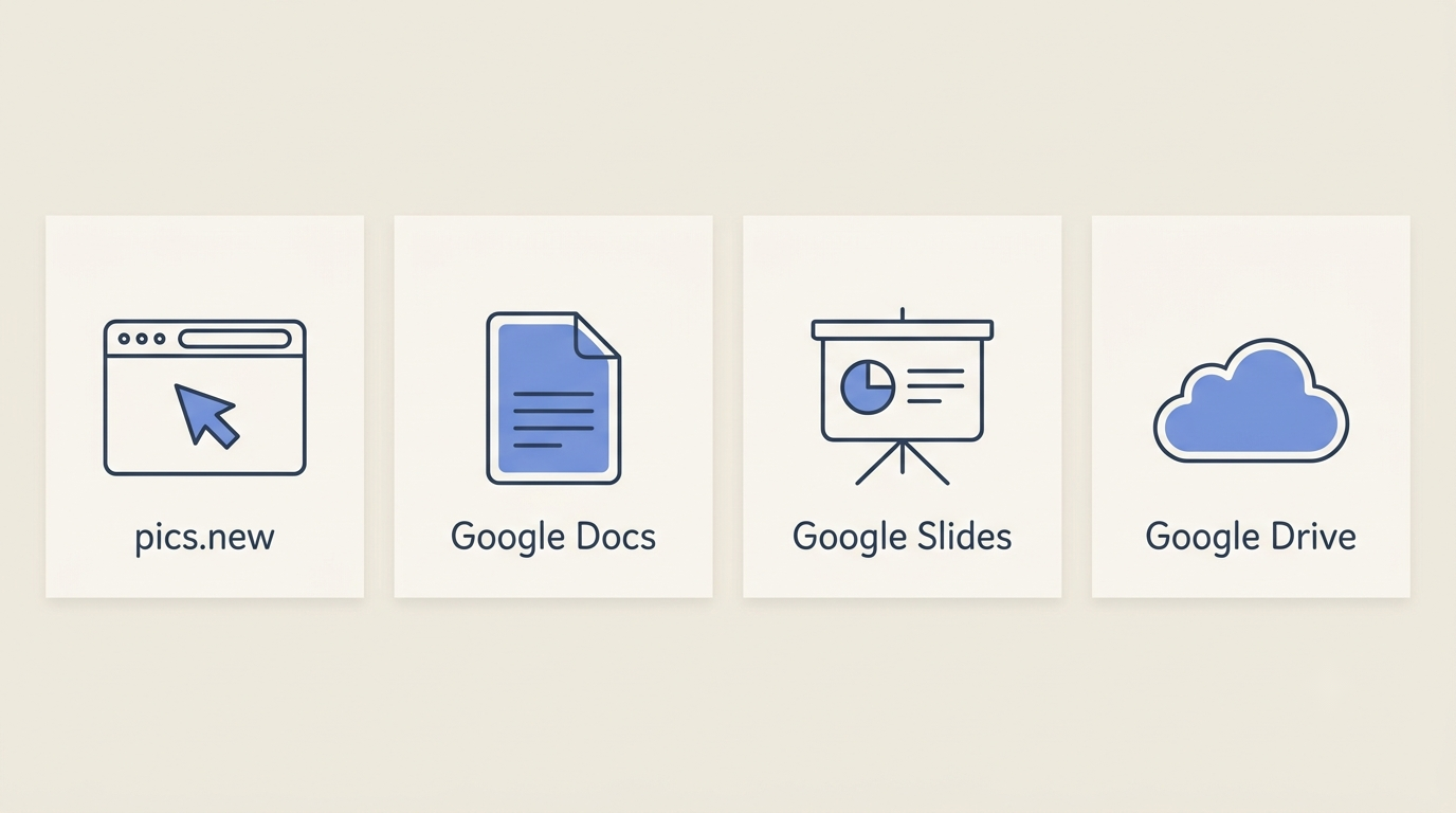 Four ways to open Google Pics: pics.new, Google Docs, Google Slides and Google Drive