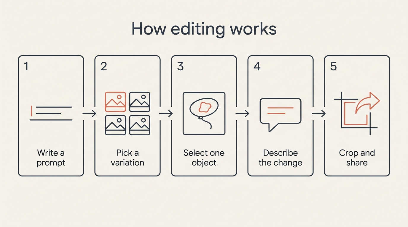 Five numbered steps of editing in Google Pics: write a prompt, pick a variation, select one object, describe the change, then crop and share