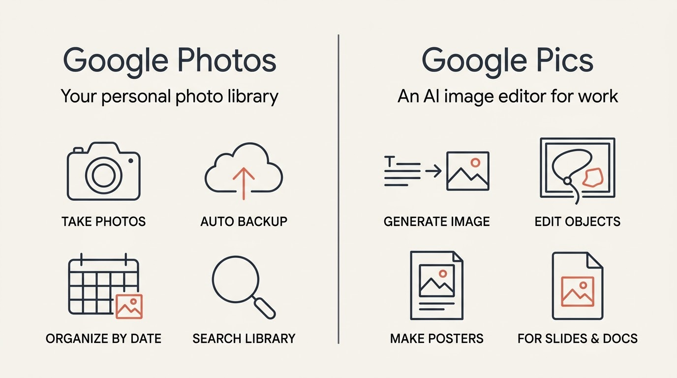 Side-by-side comparison of Google Photos and Google Pics, showing that one stores and searches your own photos while the other generates and edits images for work