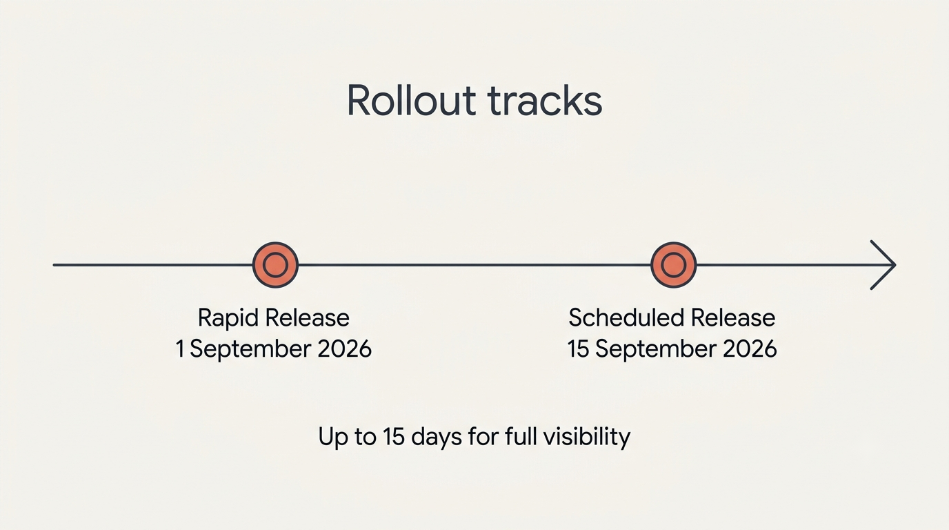 Timeline of the Google Pics rollout, marking Rapid Release on 1 September 2026 and Scheduled Release on 15 September 2026, with up to fifteen days for full visibility