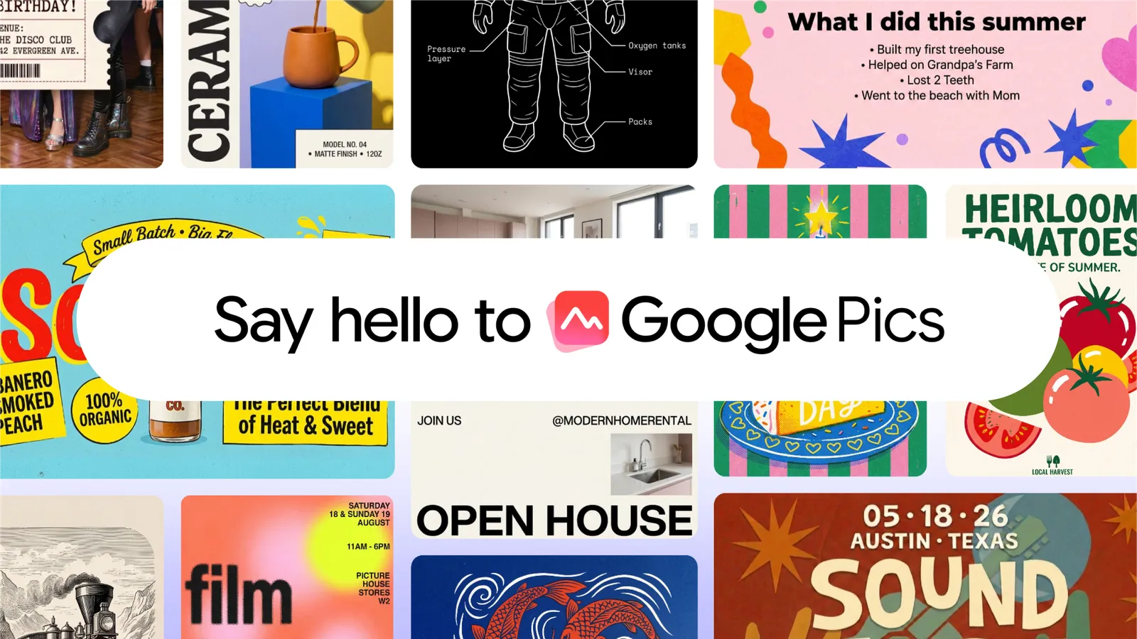 Official Google Pics announcement artwork showing posters, social posts and product graphics made with the Workspace AI image editor