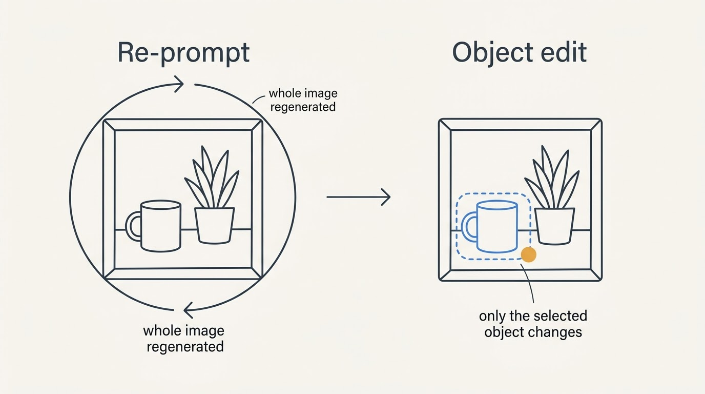 Diagram comparing regenerating a whole image after a new prompt with editing only one selected object