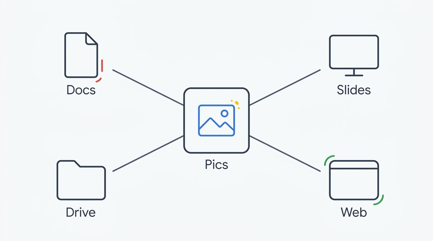 Hub-and-spoke diagram linking Pics to Docs, Slides, Drive and the web app
