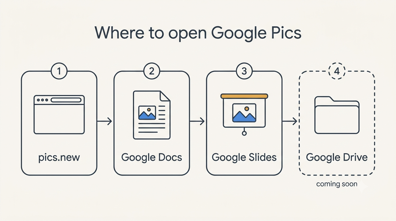 Four numbered entry points to Google Pics: pics.new, Google Docs, Google Slides and Google Drive marked as coming soon