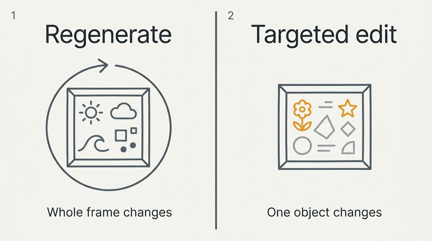 Split diagram contrasting regenerating a whole image with editing a single object inside the frame