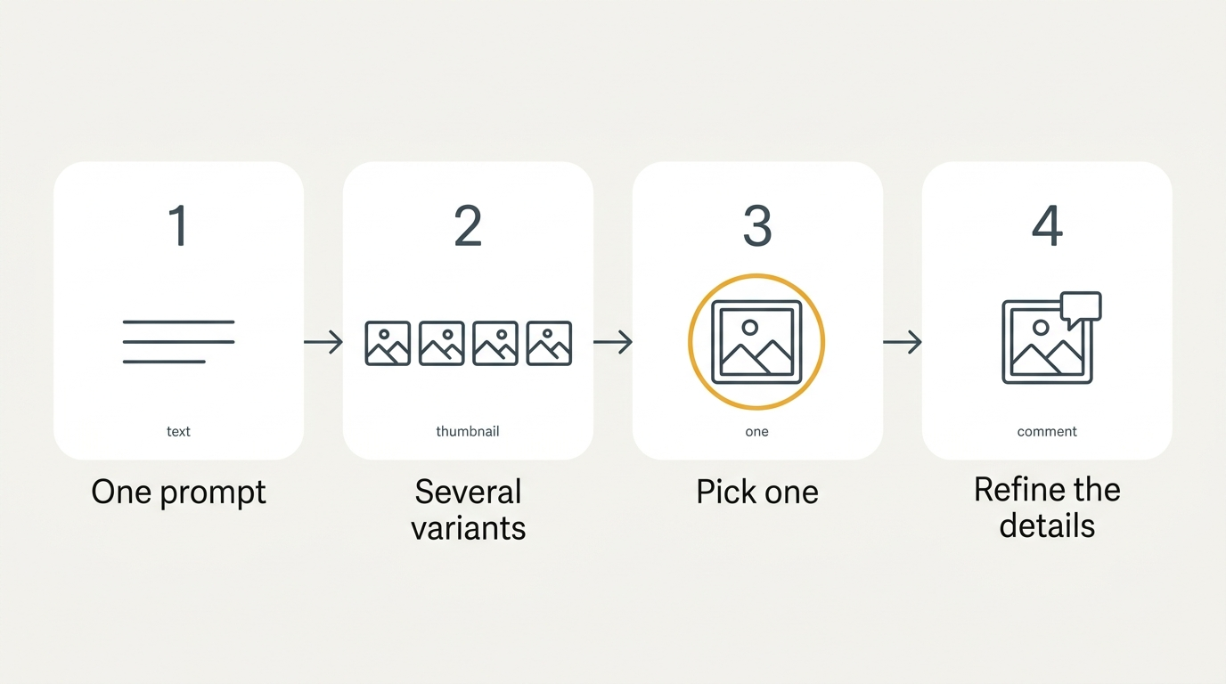 Four-step diagram: one prompt produces several variants, one is picked, then refined with targeted edits