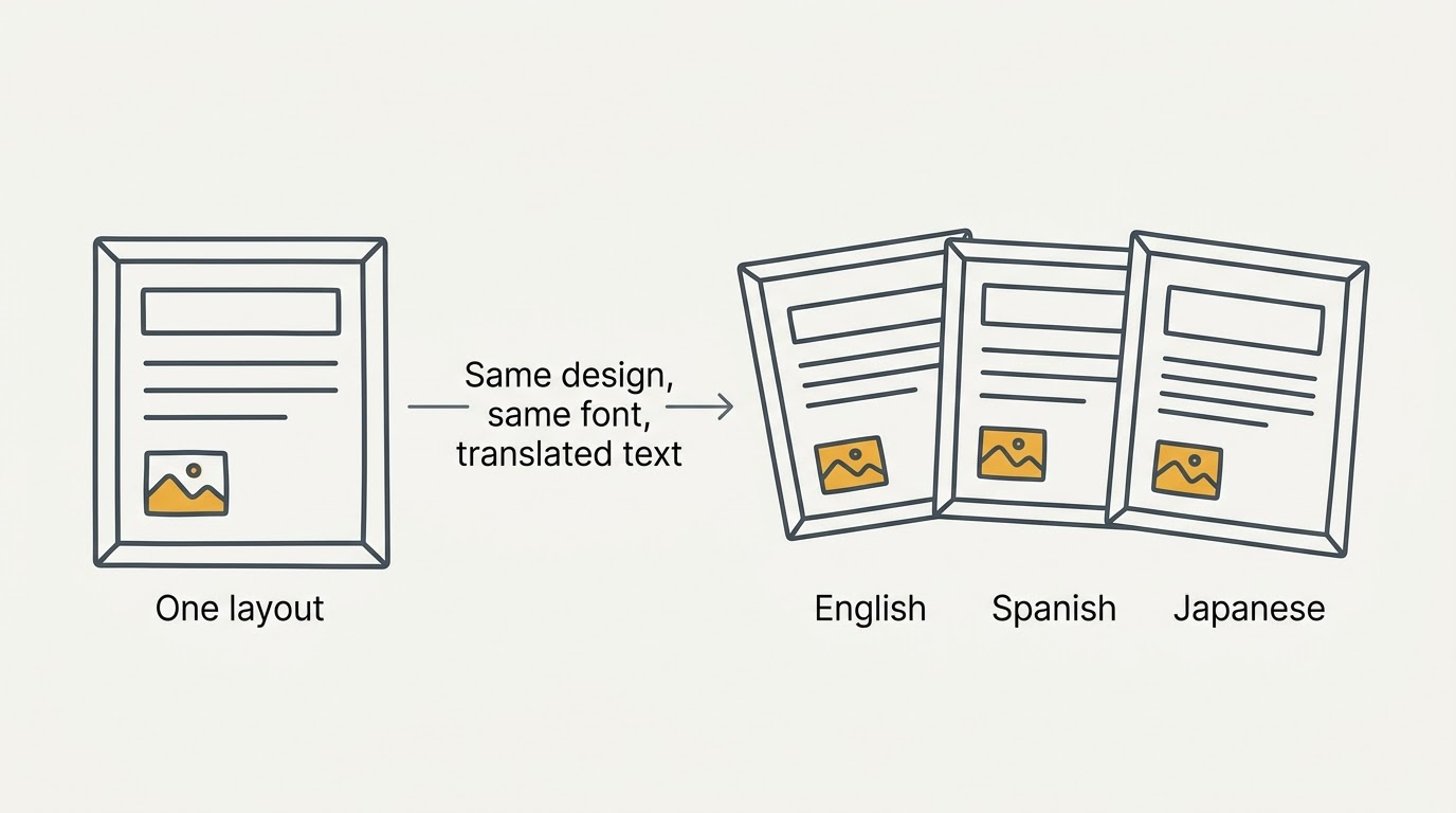 Diagram showing one image layout reused in English, Spanish and Japanese with the same design and font