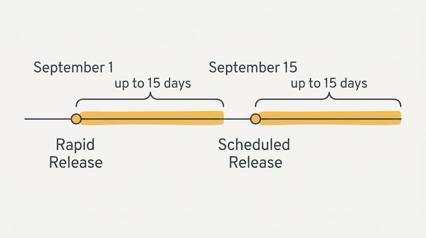 Timeline diagram of the Google Pics rollout: Rapid Release from September 1 and Scheduled Release from September 15, each taking up to 15 days