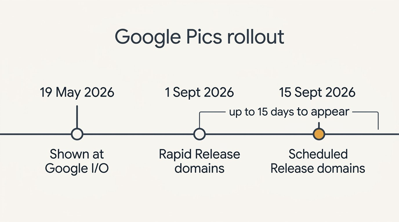 Timeline of the Google Pics rollout from Google I/O on 19 May 2026 to Scheduled Release domains on 15 September 2026