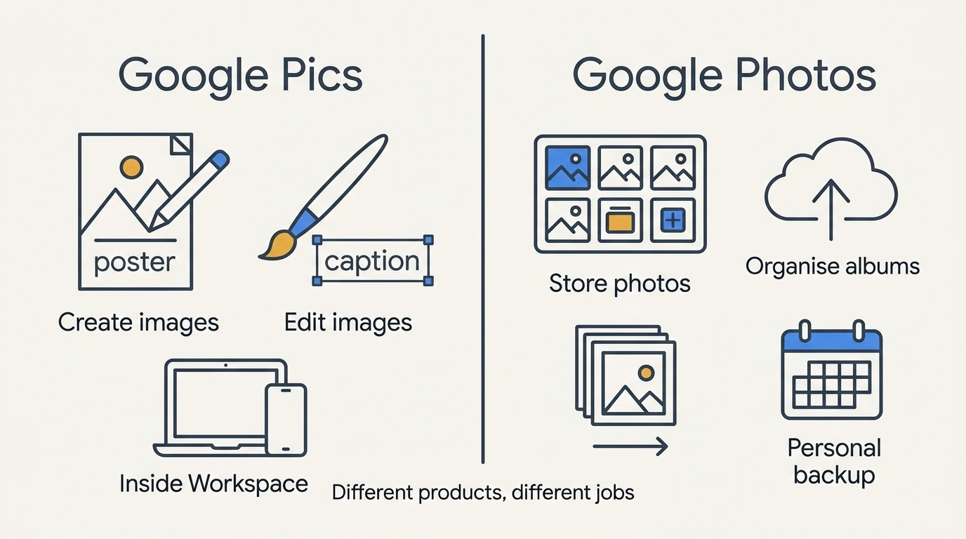 Split diagram contrasting Google Pics for creating and editing images with Google Photos for storing and organising personal photos