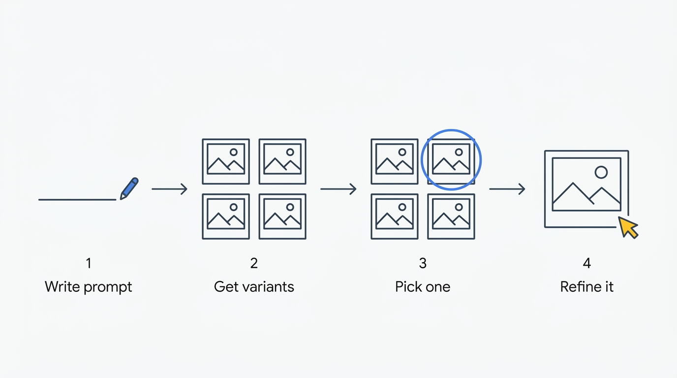 Four-step flow: write a prompt, get variants, pick one, refine it