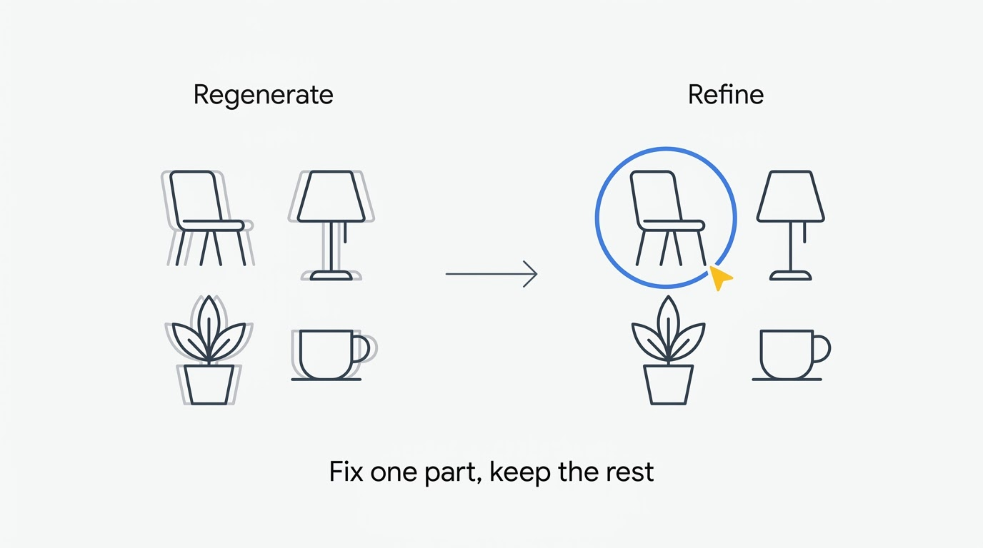 Diagram contrasting regenerating a whole scene with refining a single selected object