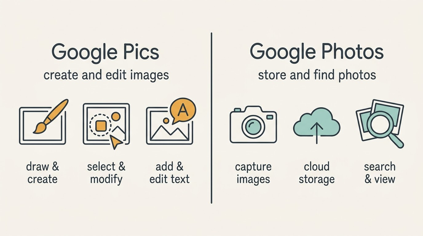 Split diagram: Google Pics creates and edits images, Google Photos stores and finds photos