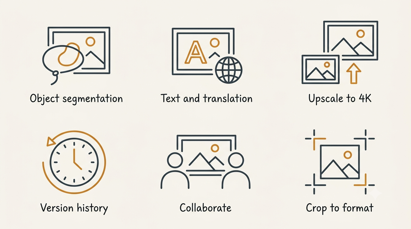 Six monoline icons: object segmentation, text and translation, upscale to 4K, version history, collaborate, crop to format