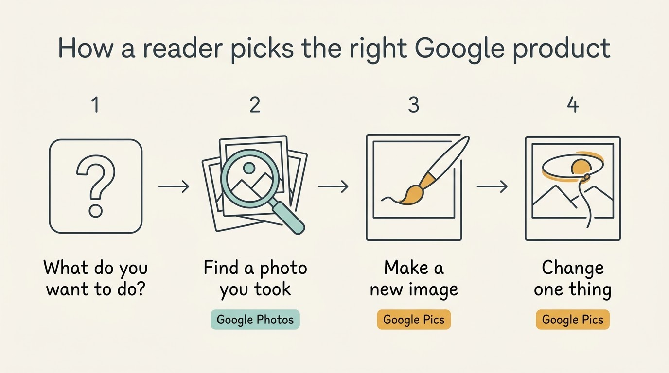 Four-step decision flow: what do you want to do, find a photo you took, make a new image, change one thing