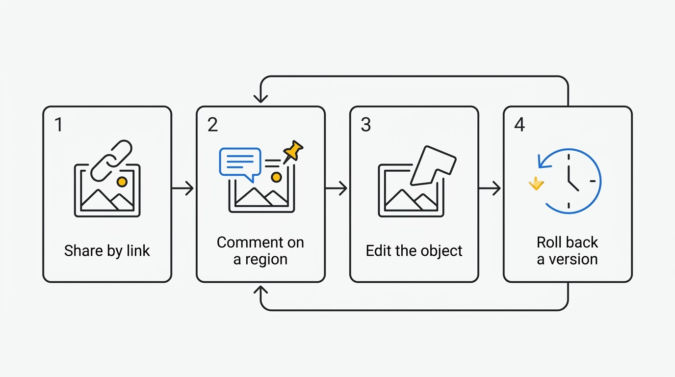 Process diagram: share by link, comment on a region, edit the object, roll back a version, repeating as a loop